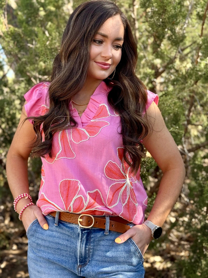 Island Bloom Pink Ruffle Sleeve Top