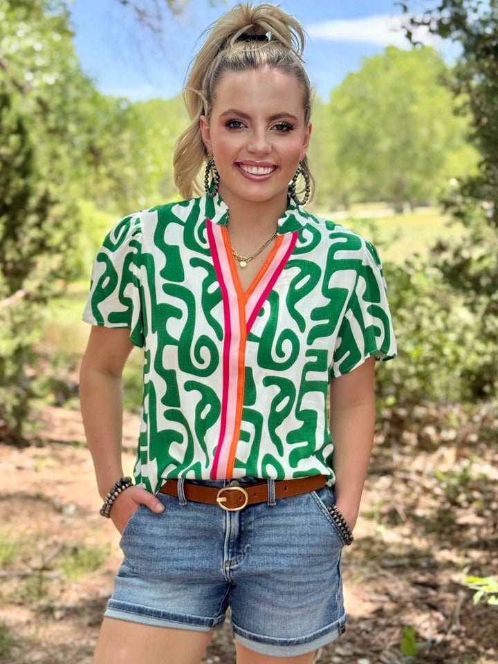 Abstract Stripe V-Neck Blouse
