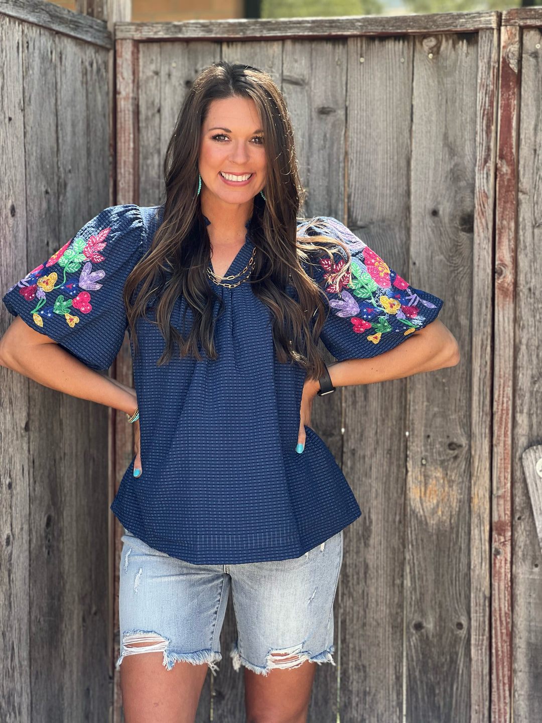 Leann Navy Blue Embroidered Puff Sleeve Blouse