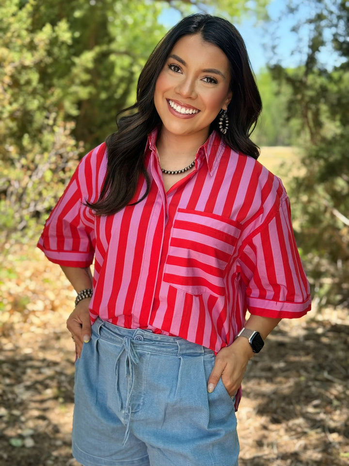 Ellis Red & Pink Button Down Top
