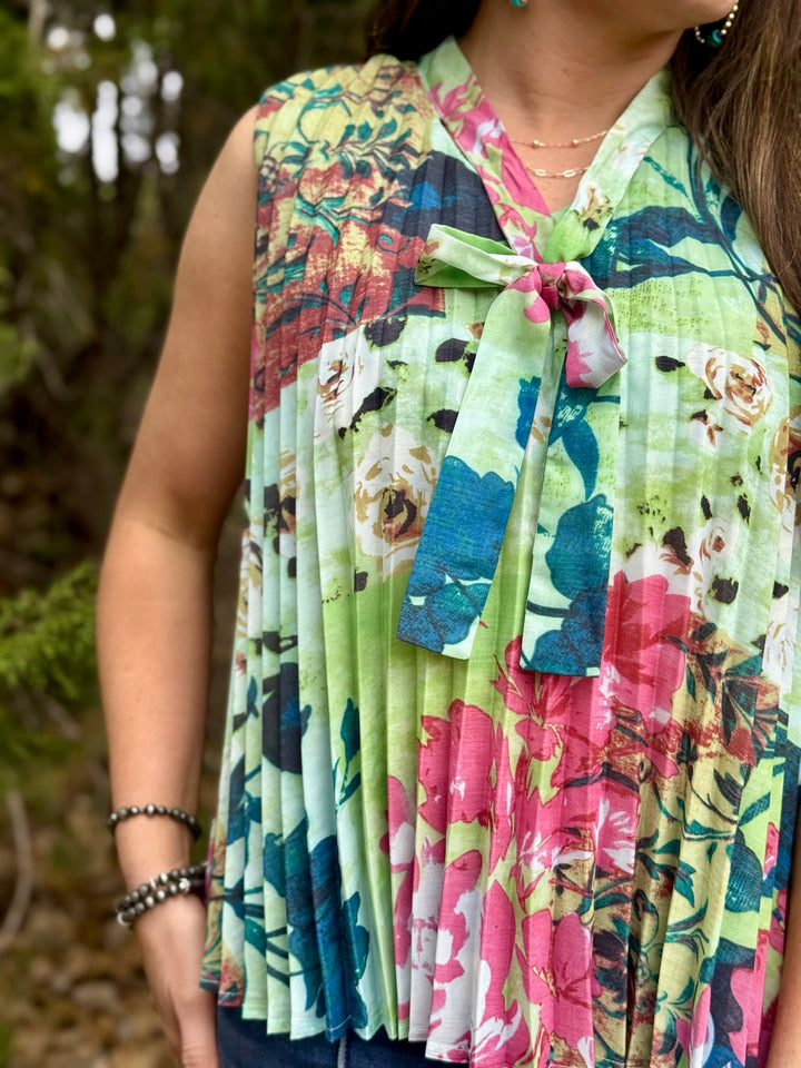 Green Escape Floral Pleated Top