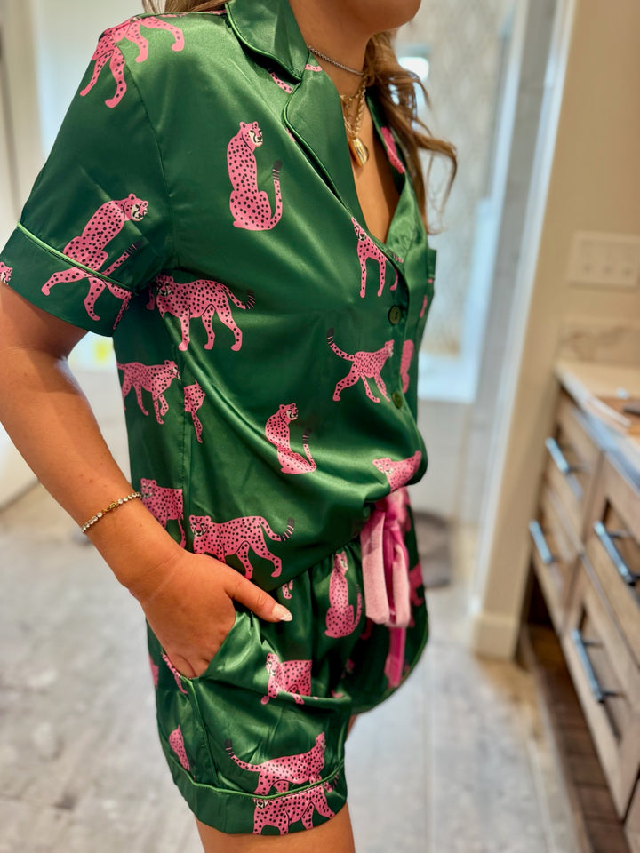 Cheetah Satin Pajama Short Set
