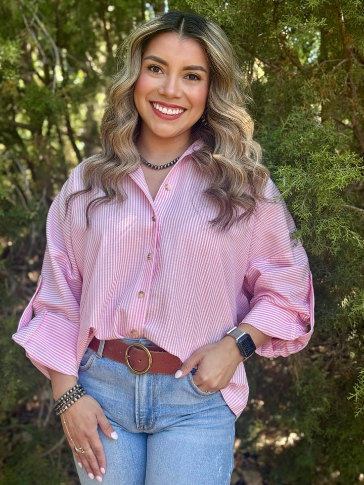 Adelee Pink & White Seersucker Top