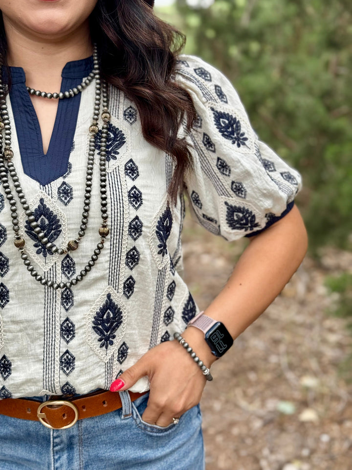 Navy Floral Embroidered Sleeve Top
