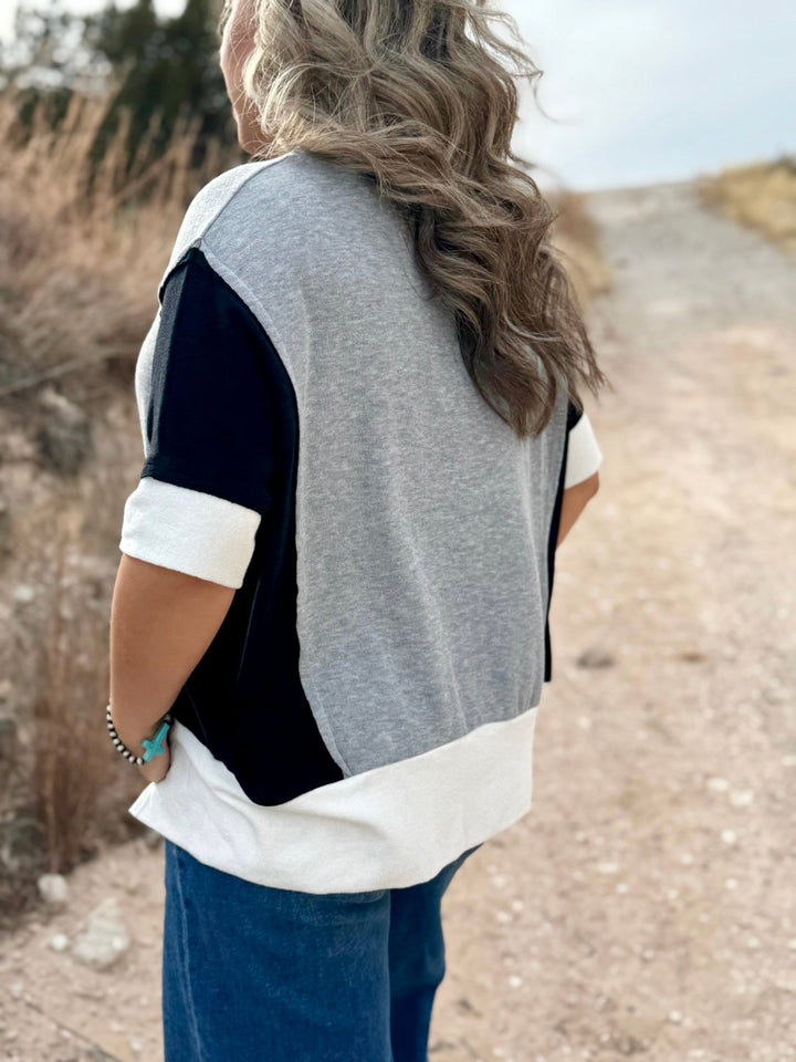 Tara Grey Colorblock Drop Shoulder Top