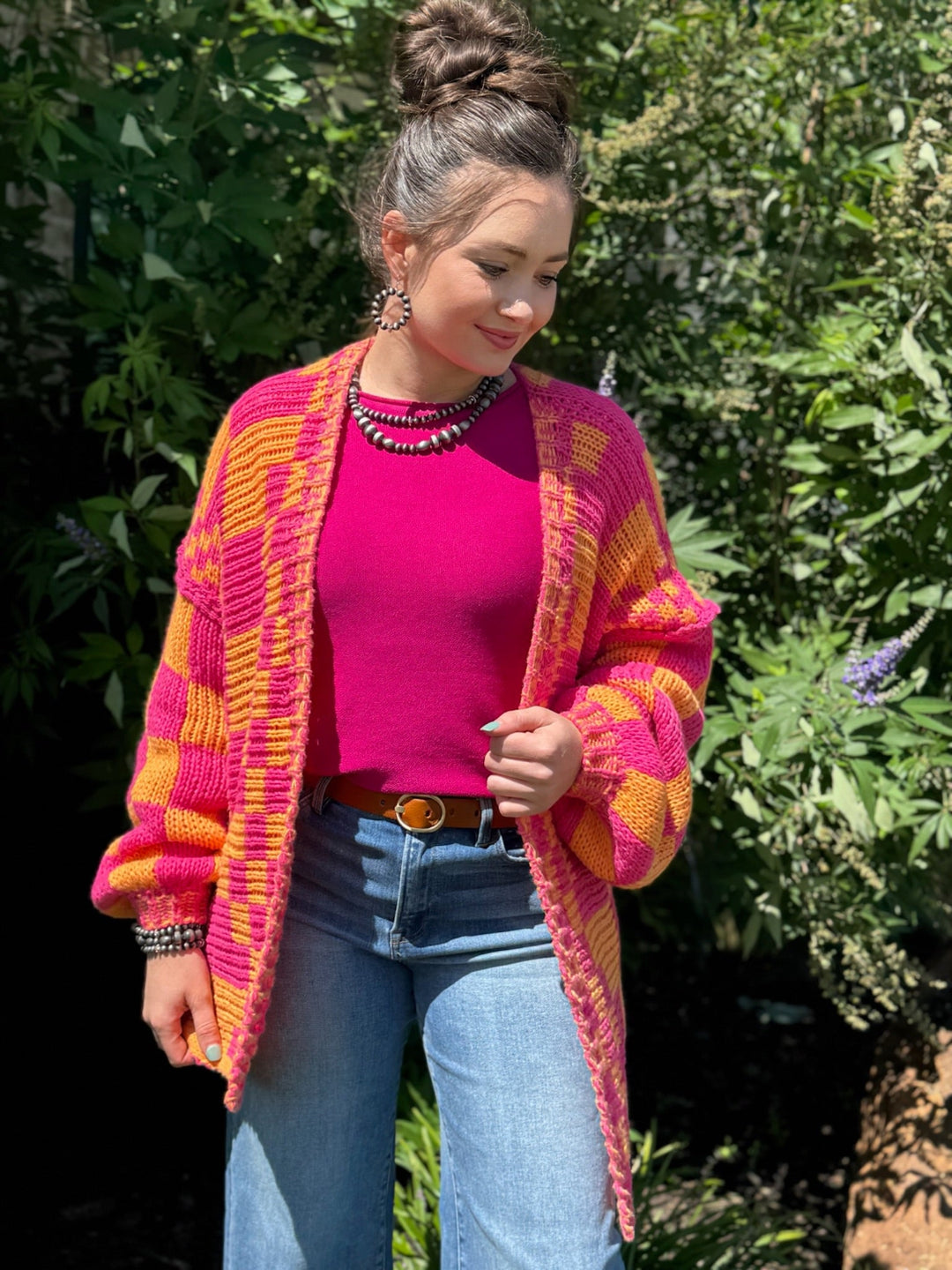 Tammy Fuchsia & Orange Checkered Cardigan