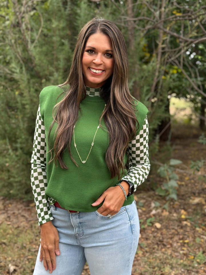 Pep Rally Green & White Checkered Mesh Top