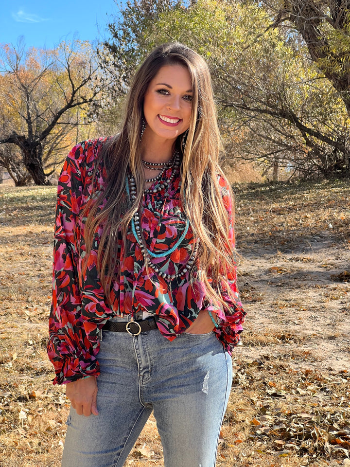 Jentry Teal & Red Floral Blouse
