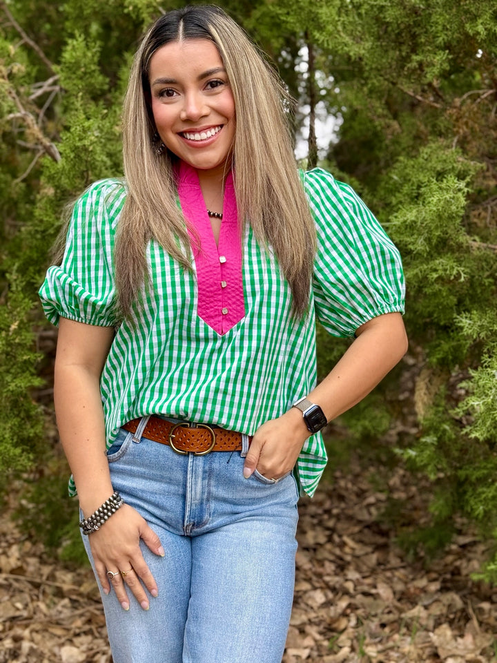 Contrast Gingham Puff Sleeve Top