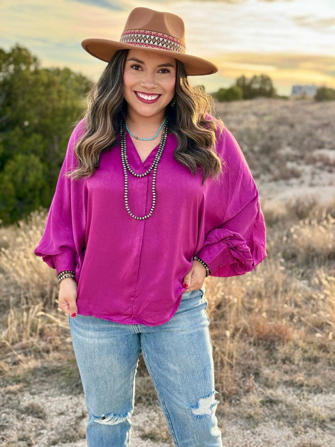 Peggy Magenta V-Neck Long Sleeve Blouse