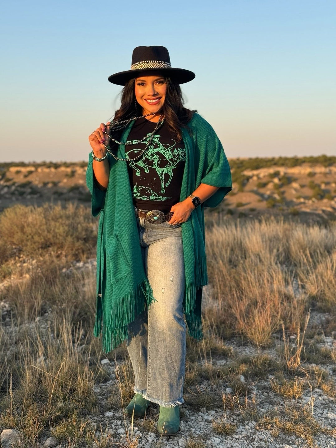 Charlie Teal Knit Fringe Kimono by Texas True Threads