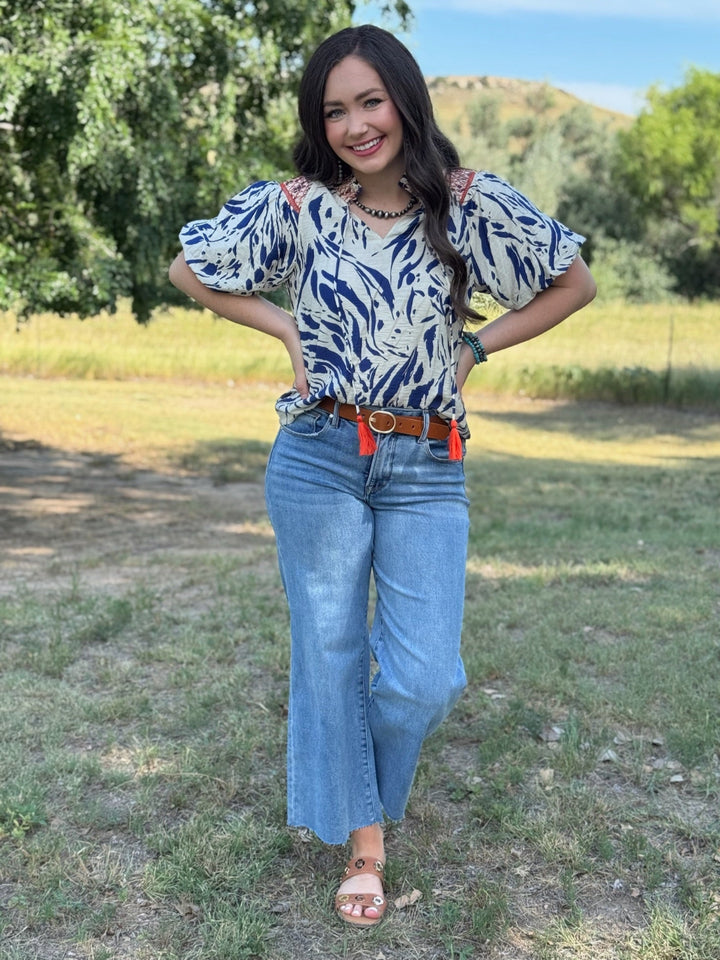 Adele Blue & Cream V-Neck Blouse