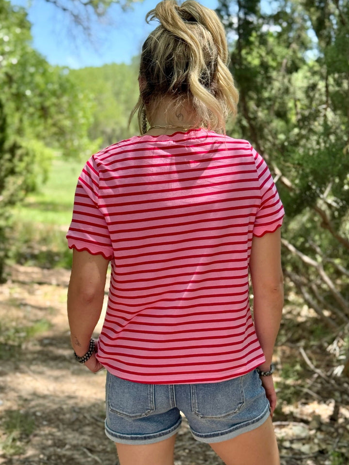 Avia Red Stripe Scallop Top