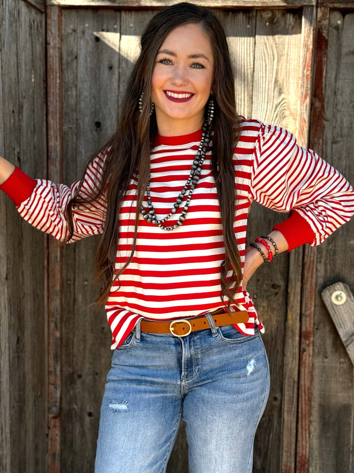 Kenzie Red & White Striped Long Sleeve Top