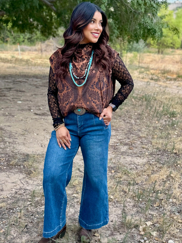 Camel Damask Velvet Top