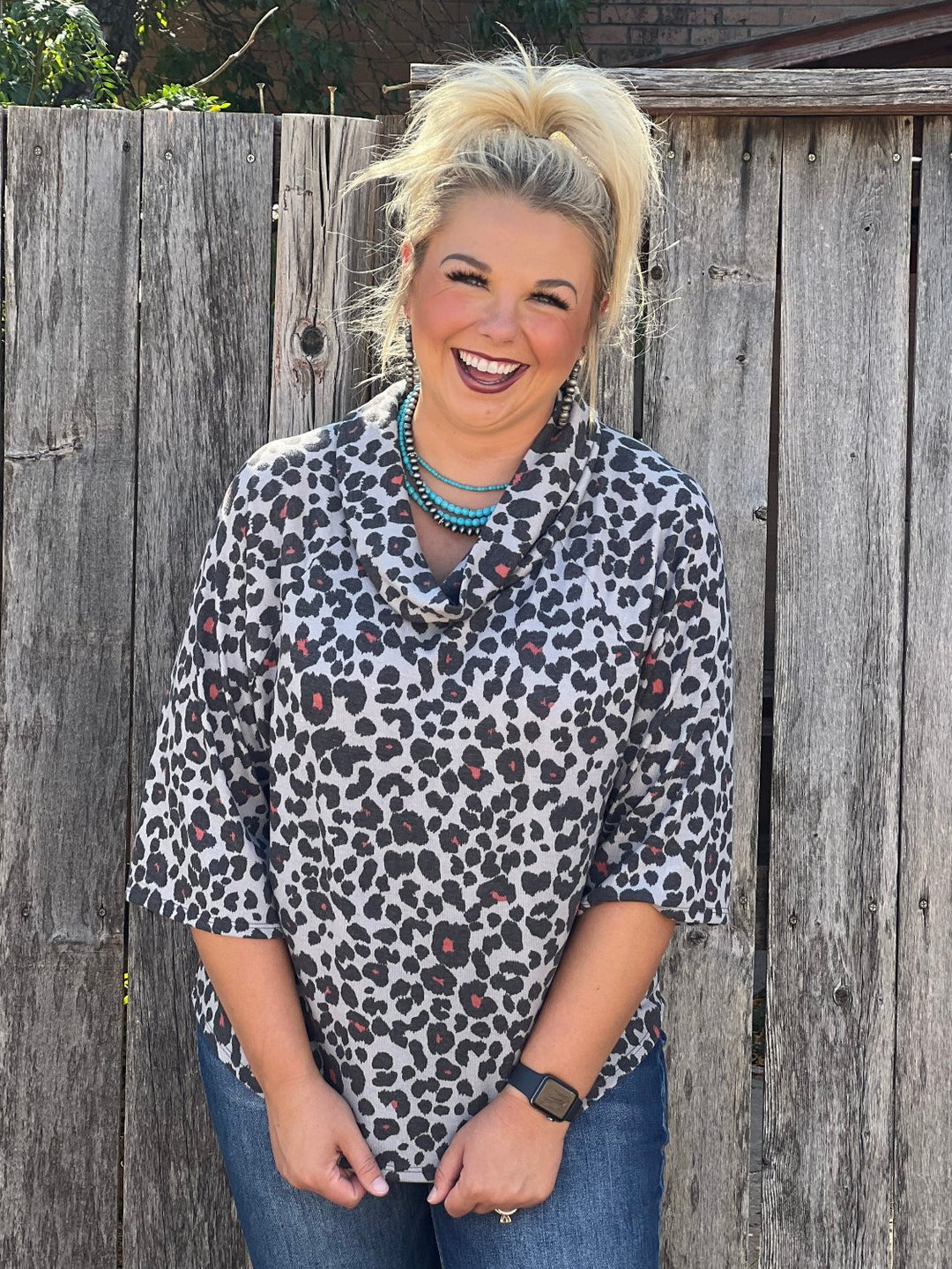 Lonnie Grey Leopard Cowl Neck Top