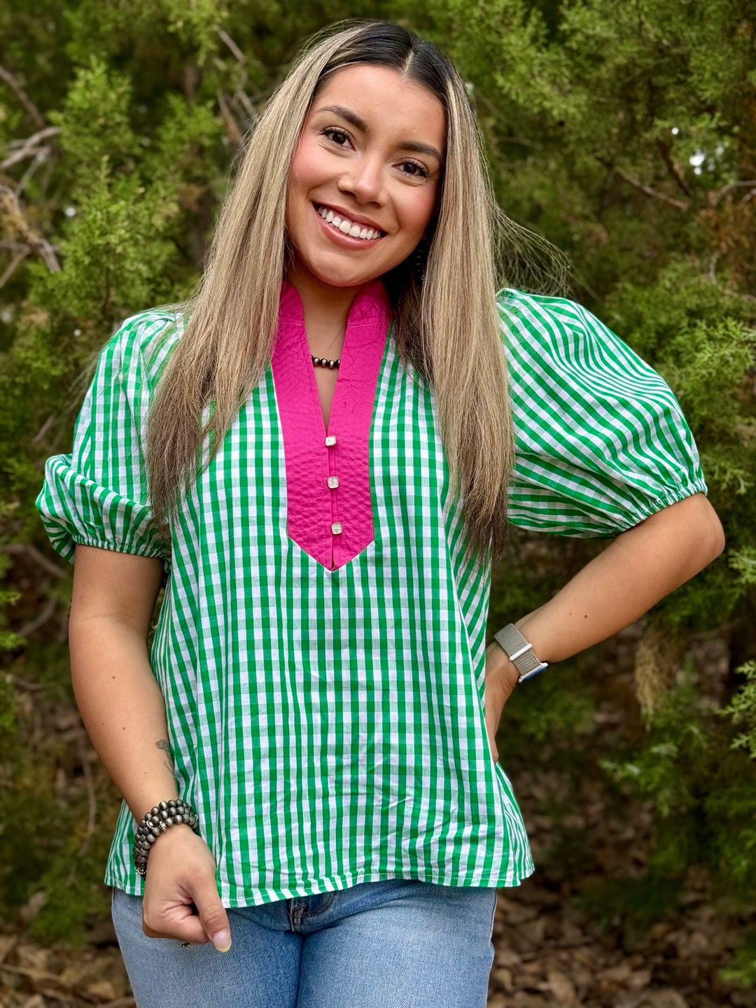 Contrast Gingham Puff Sleeve Top