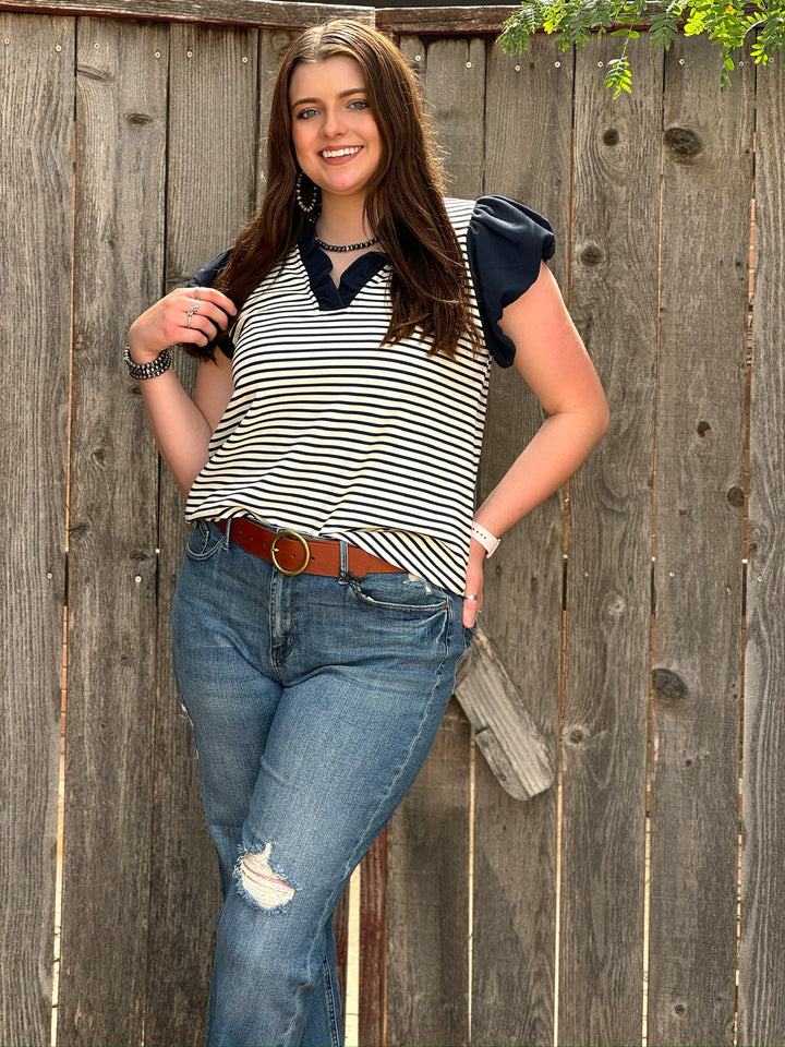 Alex Navy & Cream Stripe Ruffle Blouse