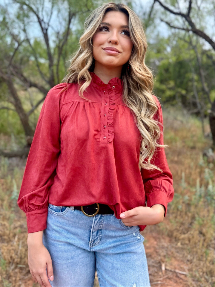 Suede Ruffled Neck Snap Button Top