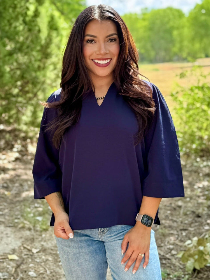 Brea Navy V-Neck Top