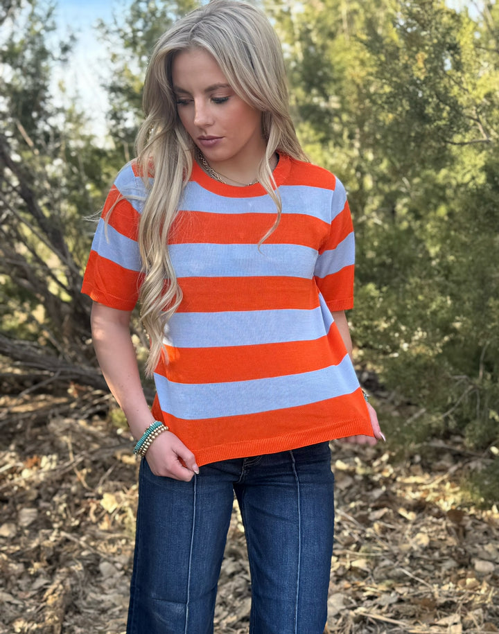 Kashli Orange & Blue Striped Knit Top