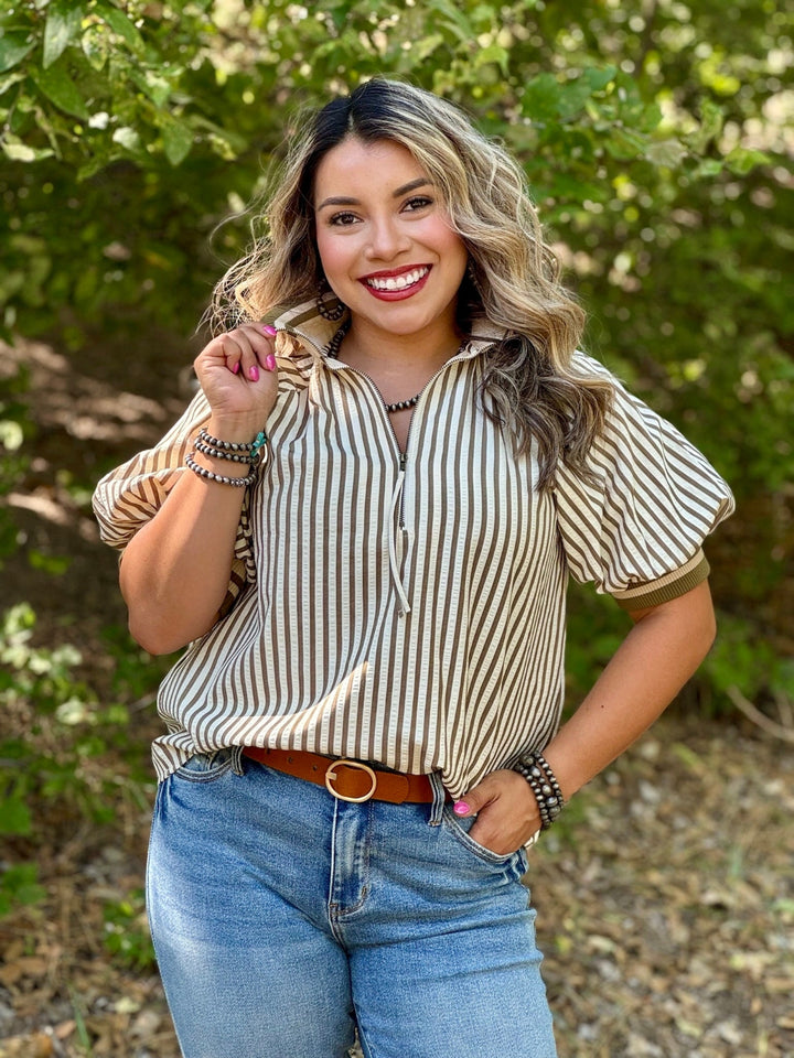 Sara Striped Cream & Olive Top