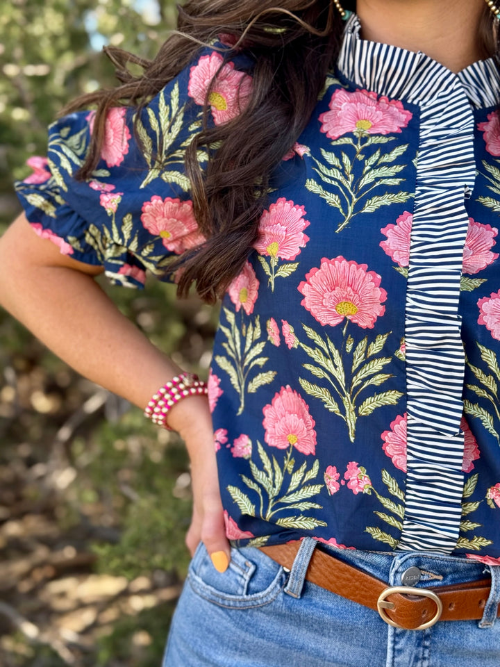 Jayla Navy & Pink Floral Blouse