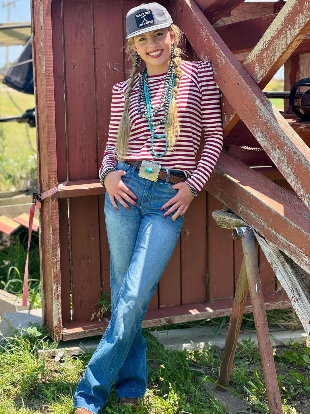 Landry Magenta & Cream Striped Long Sleeve Top