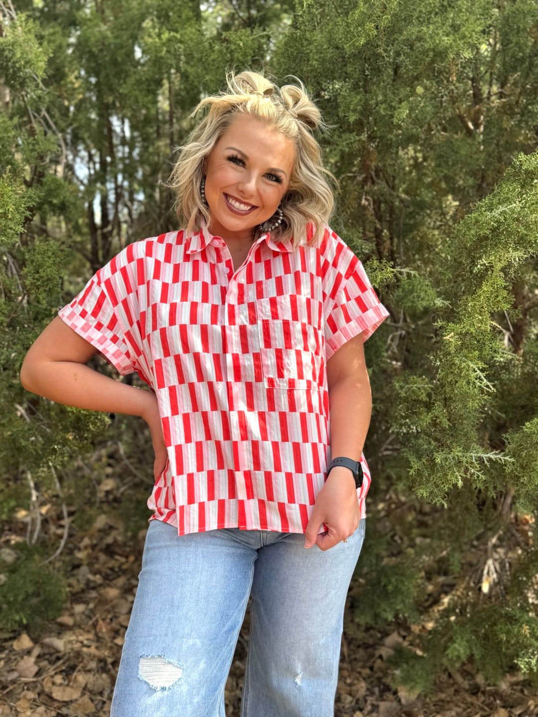 Quincy Pink & Red Button Top