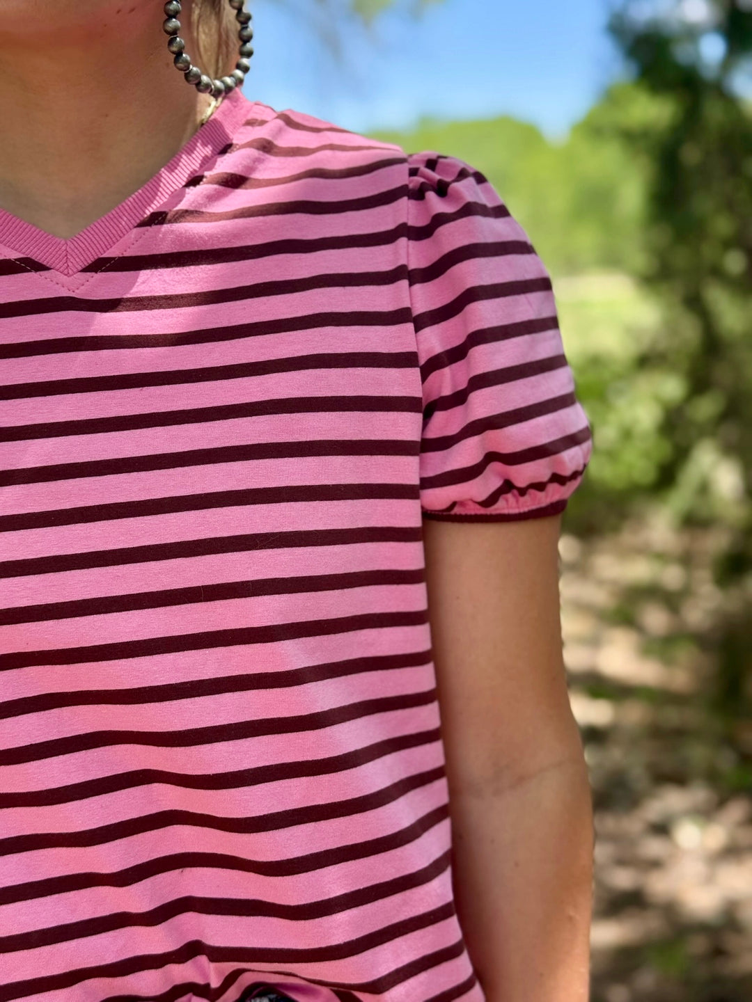 Pink & Brown Striped V-Neck Top
