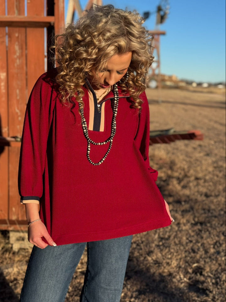 Caroline Burgundy 1/4 Zip Top