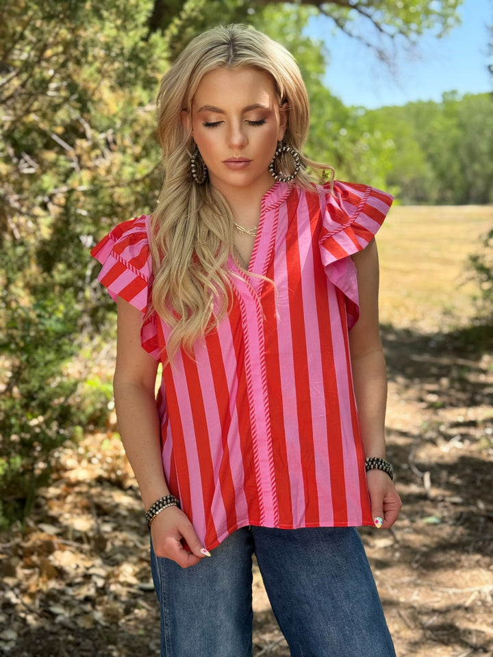 Bold Stripe Pink & Orange Flutter Sleeve Top