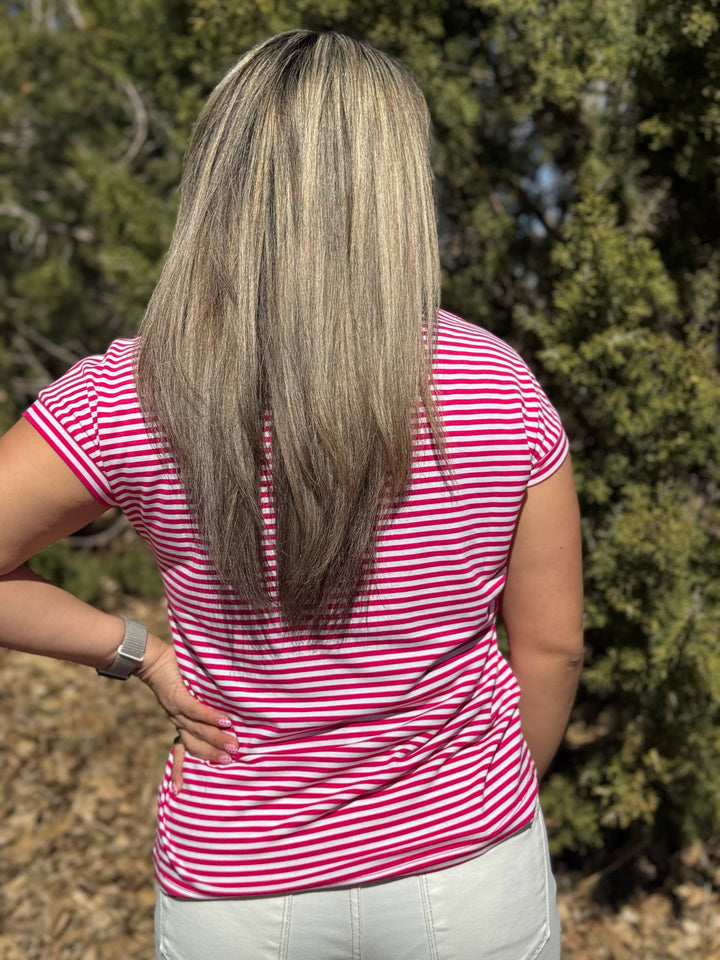Kenna Pink & White Striped V-Neck Top