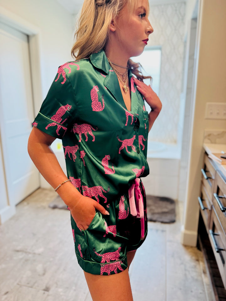 Cheetah Satin Pajama Short Set