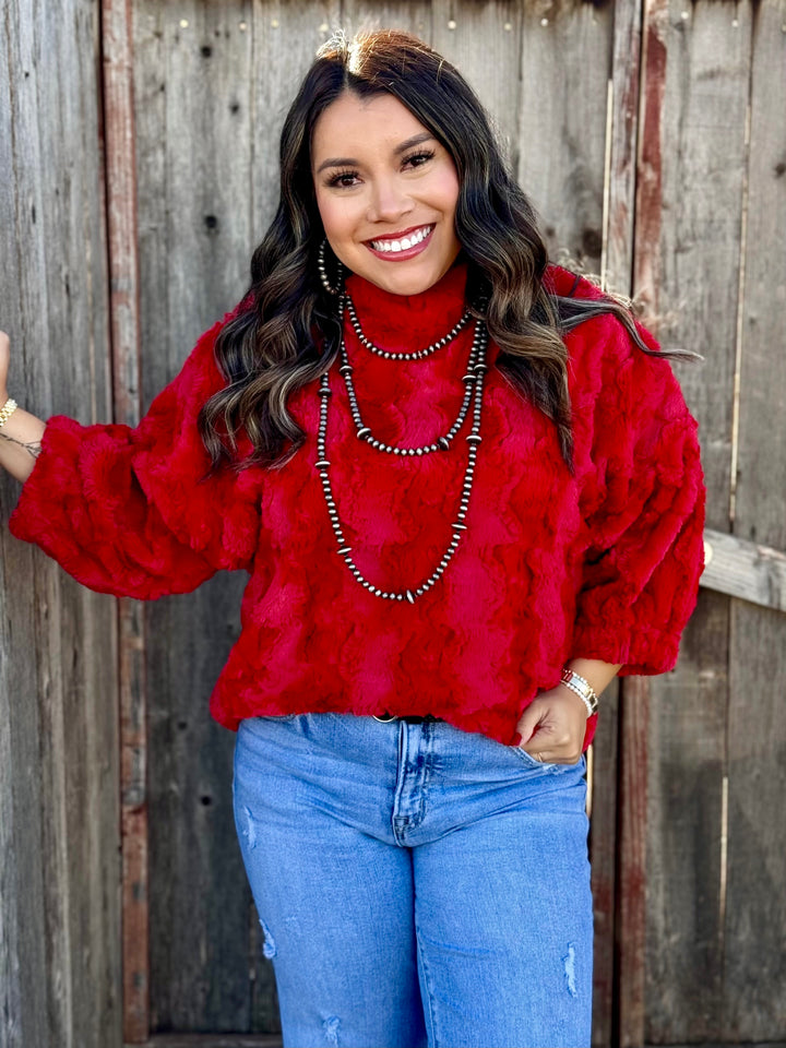 Martha Red Poof Sleeve Faux Fur Popover by Ivy Jane