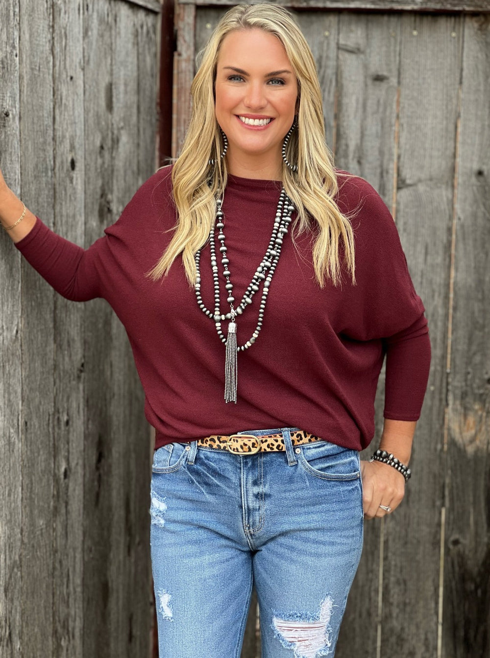 Dolman sleeve knit top in burgundy and brown 