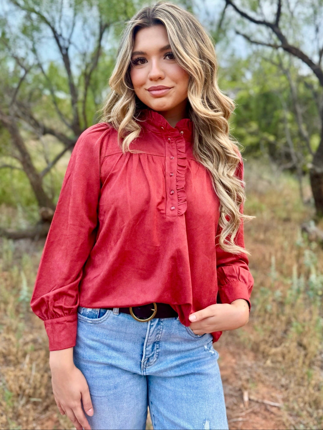 Suede Ruffled Neck Snap Button Top