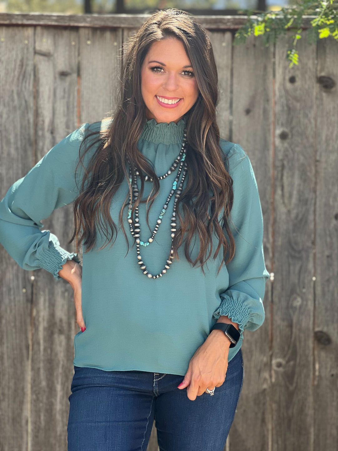 Vanna Teal High Neck Blouse