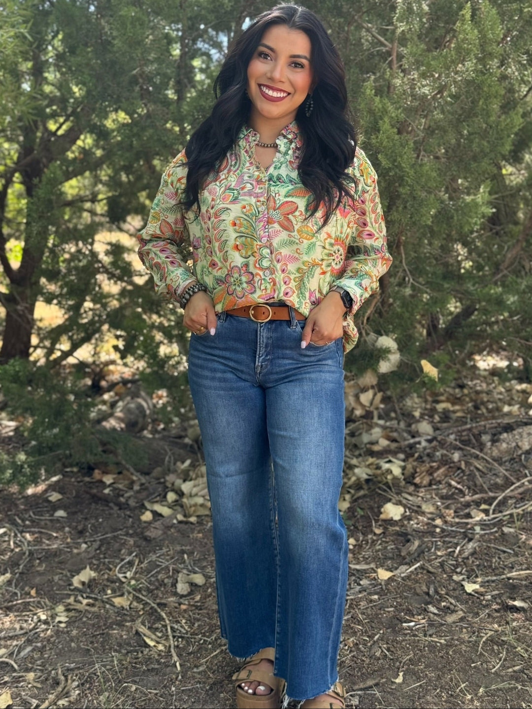 Green Paisley Button Up Top