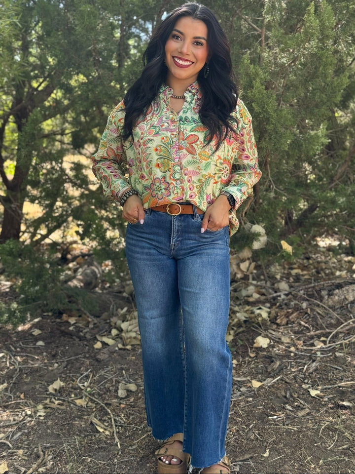 Green Paisley Button Up Top
