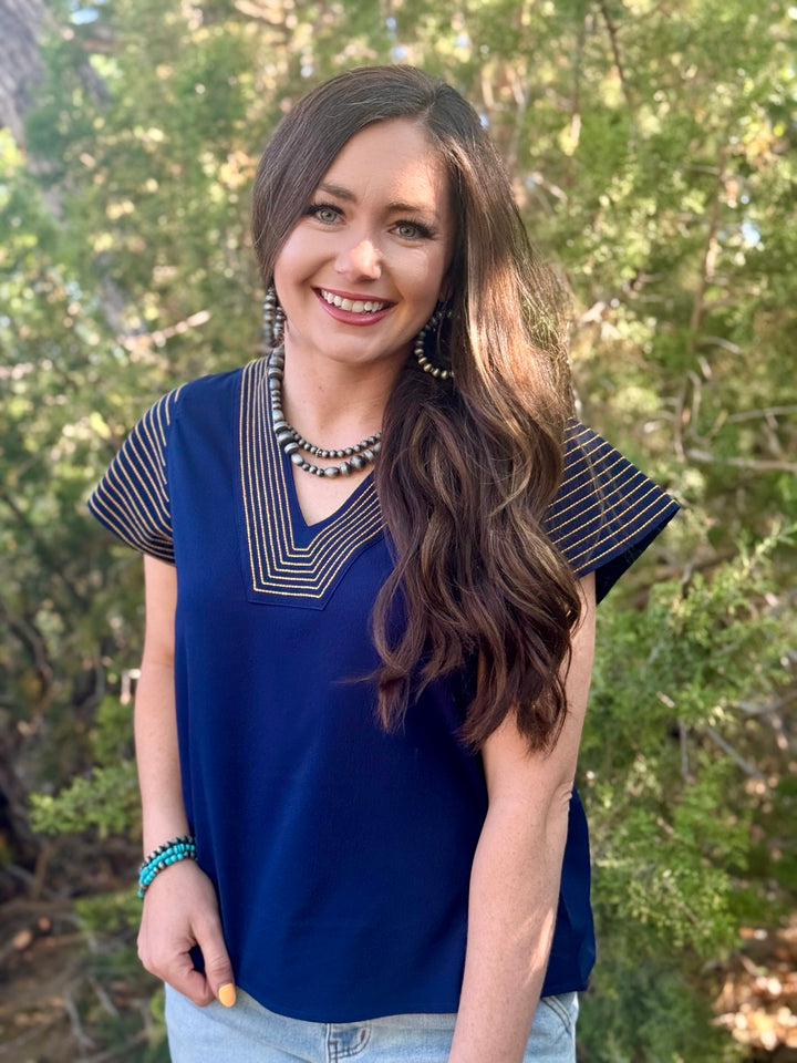 Saylor Navy V-Neck Top