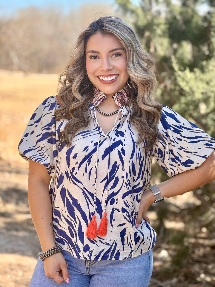 Adele Blue & Cream V-Neck Blouse