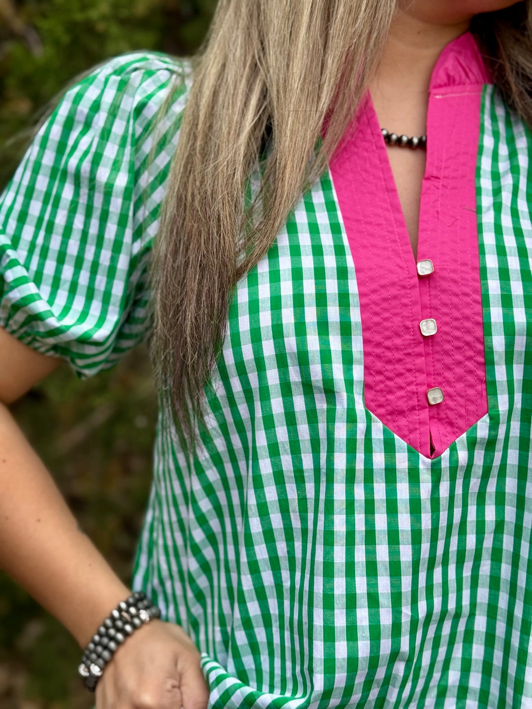 Contrast Gingham Puff Sleeve Top
