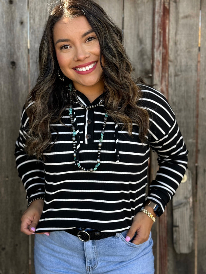 Carly Black & White Striped Hooded Pullover