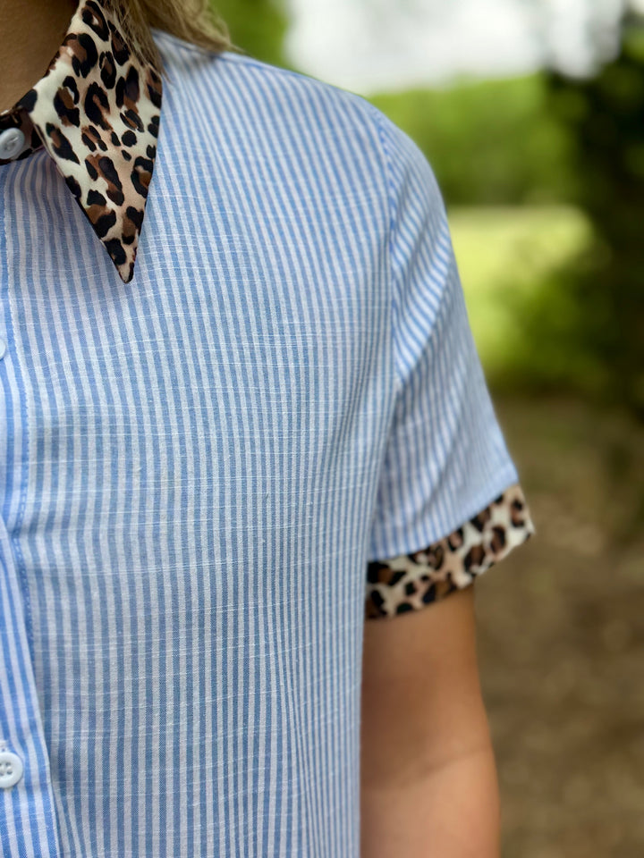 Sky Blue Stripe with Leopard Collar Top