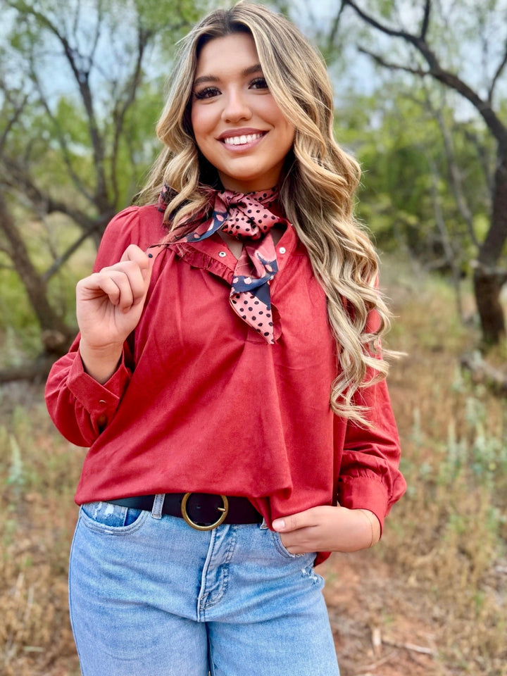 Suede Ruffled Neck Snap Button Top
