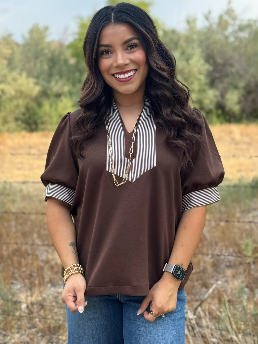 Short Sleeve Brown Top with Stripe Accent