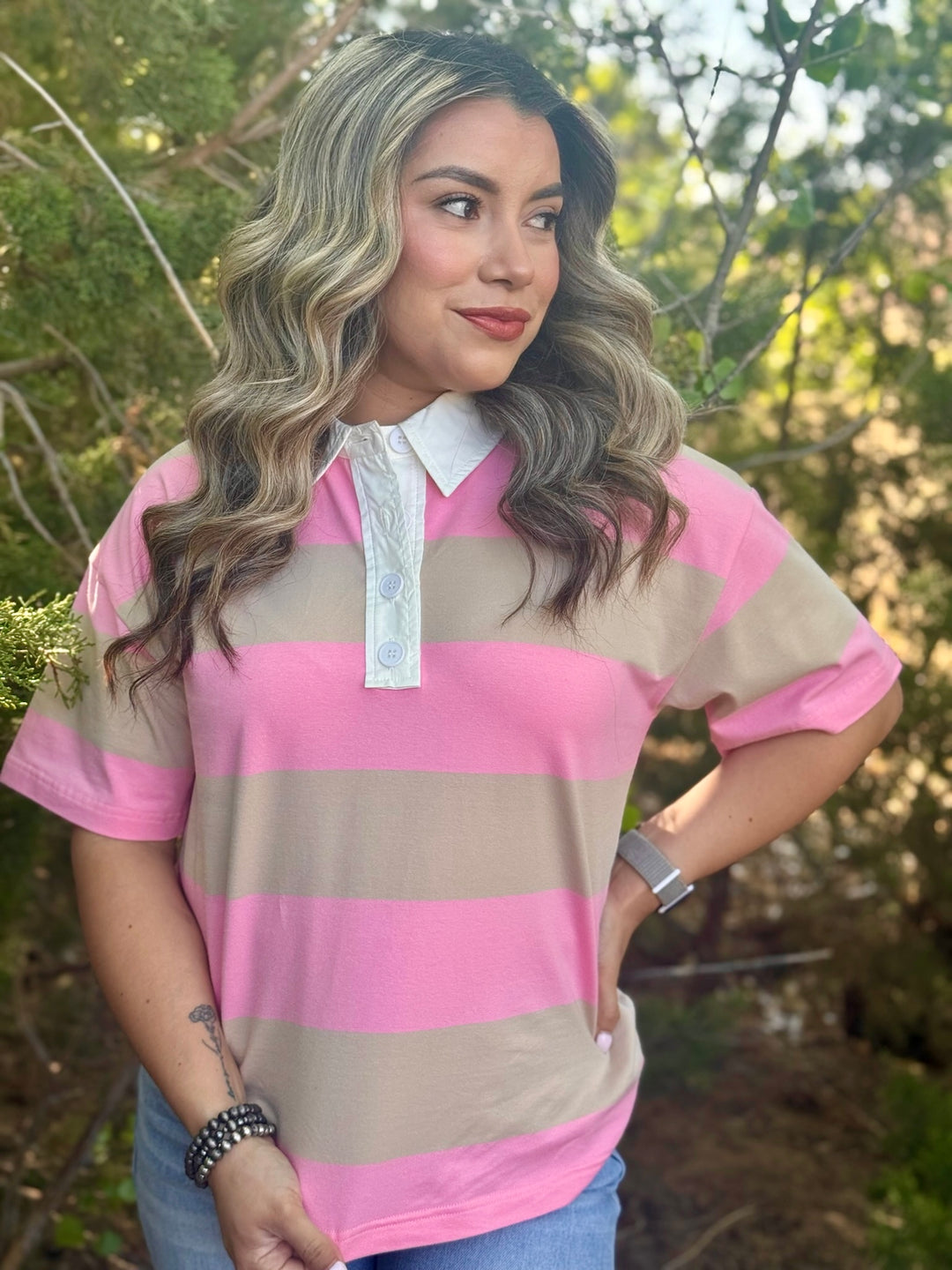 Pink & Tan Wide Stripe Top
