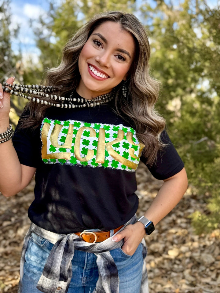 Lucky on 4 Leaf Clovers in Gold Puff Tee by Texas True Threads