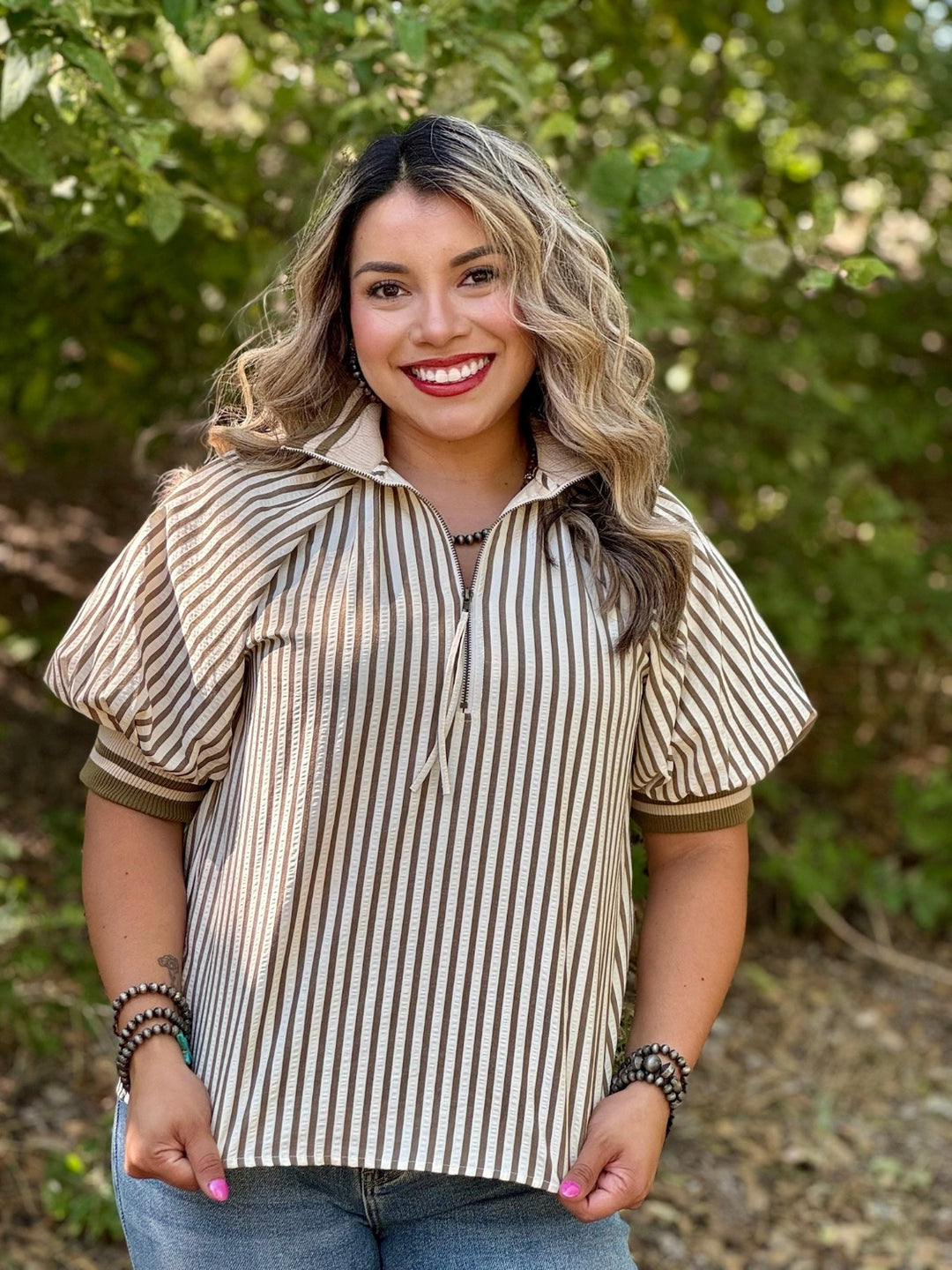 Sara Striped Cream & Olive Top